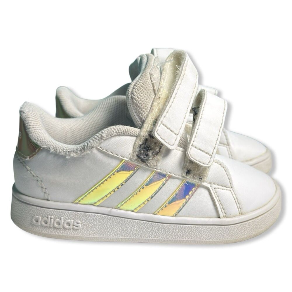 Adidas Grand Court Toddler Sneakers 7K White Iridescent Stripes